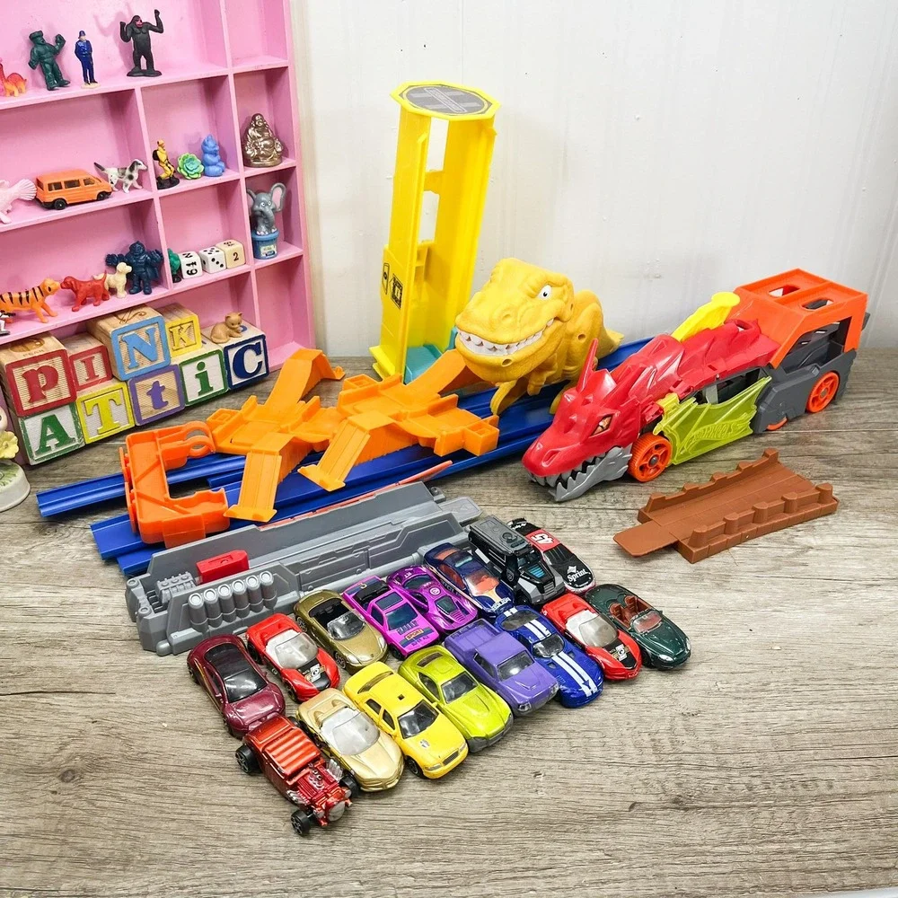 Hot Wheels Toy Car Lot Dragon Transporter T-Rex Launcher Tracks Assorted Cars